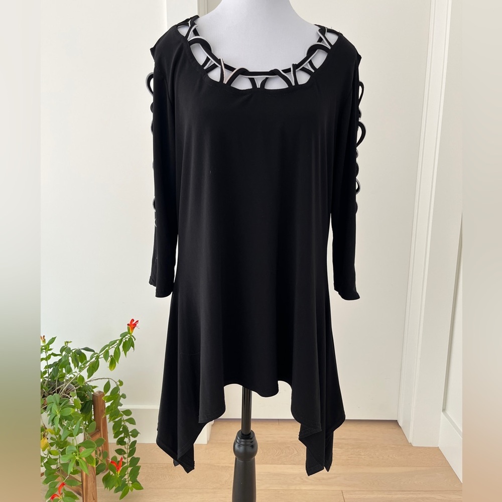 JOSEPH RIBKOFF Scoop Neck 3/4 Sleeve Tunic Open Weave Sleeve Neckline Travel